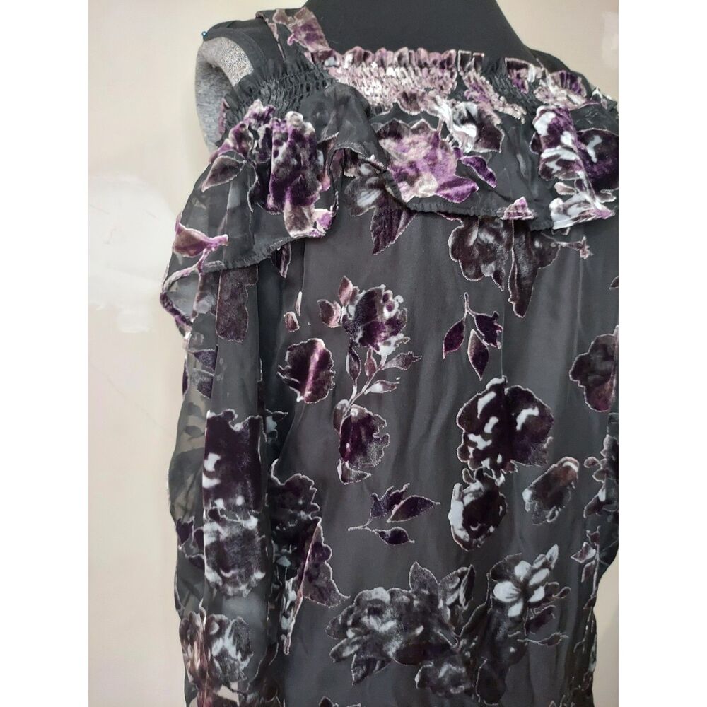 DR2 Off Shoulder Burnout Velvet Top Bell Sleeves Black Purple Floral Goth Sz M